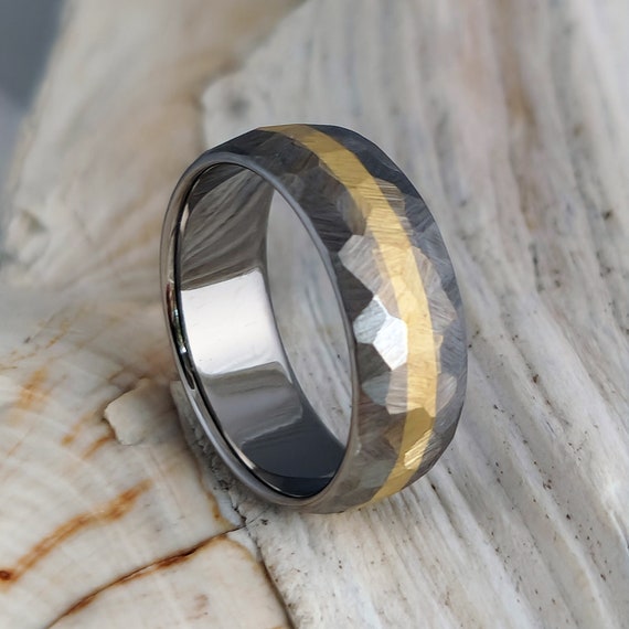 Solid 18k Gold and Titanium Faceted Wedding Ring Inlaid Band With