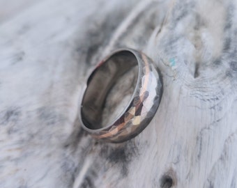 Handcrafted Titanium Ring with 18k White & Rose Gold Inlays - Unique 'Mosaic' Finish with Faceted Hammered Texture