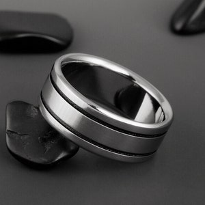 Titanium Wedding Band with Black Pinstripes, Unisex Handmade Ring, Engagement Anniversary Black Titanium Ring