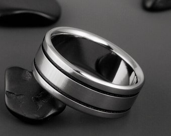 Titanium Wedding Band with Black Pinstripes, Unisex Handmade Ring, Engagement Anniversary Black Titanium Ring