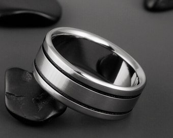 Handmade Titanium Wedding Band: Black Pinstripe Anniversary Ring