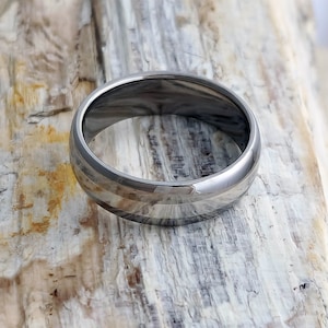 Titanium Wedding Ring with a Solid Platinum Inlay in a Domed Profile, shown in a High Polished - Mirror Finish