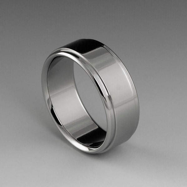 Polished Titanium Wedding Ring in a Flat profile with Stepped Down Edges, Womens or Mens Simple Custom Band