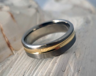 Titanium Ring with Off-Center 18k Solid Yellow Gold Concave Inlay - Unique Handcrafted Jewelry