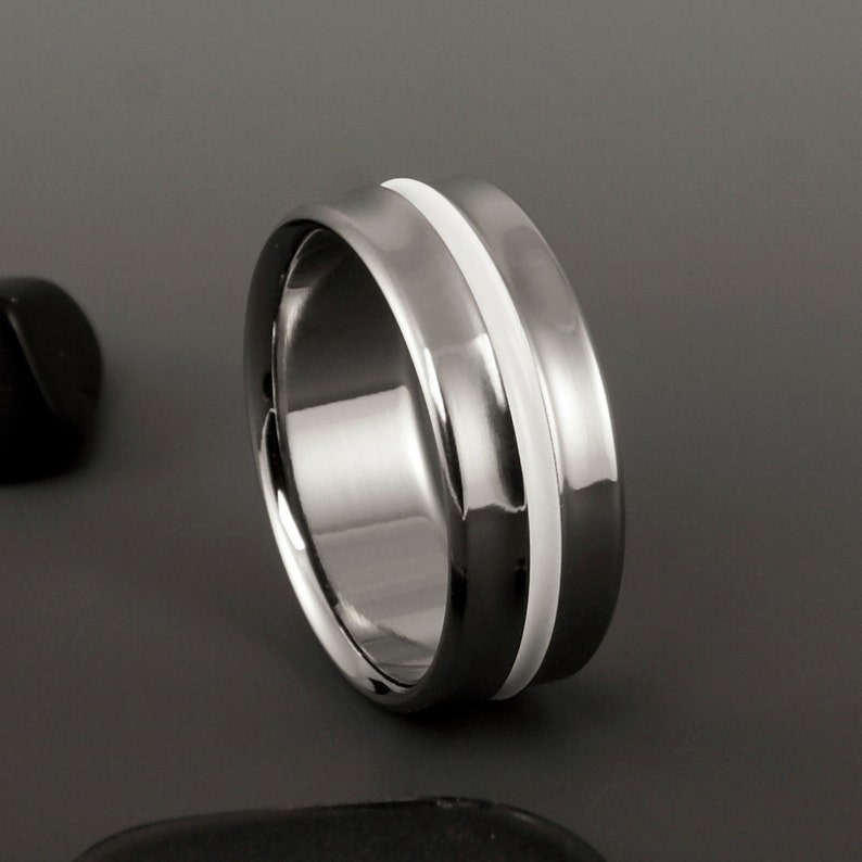 Unique Titanium White Wedding Ring With a Centered Pinstripe - Etsy
