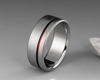 Red Thread of Fate Gift Ring, 6al 4v Titanium Band with an Off-Center Red Pinstripe