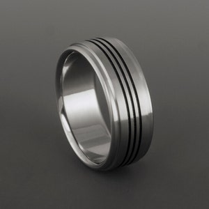 Titanium Wedding Ring with Black Textured Pinstripes, Unique Personalized Band for Men or Women
