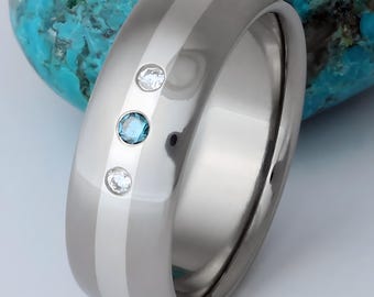 Titanium Wedding Ring with Solid Platinum Inlay and Flush Diamonds – Custom Made