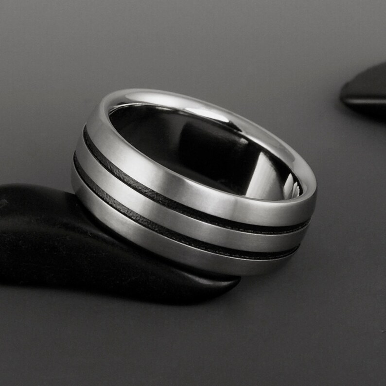 Titanium Wedding Ring with Black Stripes and Beveled Edges Simple Personalized Engagement Promise Anniversary Band or Unique Engraved Gift