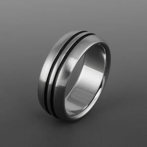 Simple Titanium Ring with Textured Black Stripes in a Domed Profile, Black Personalized Wedding Engagement or Promise Band for Men or Women