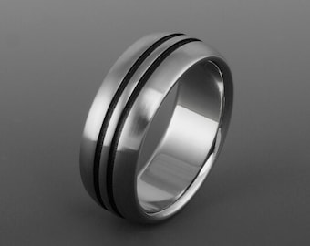 Simple Titanium Ring with Textured Black Stripes in a Domed Profile, Black Personalized Wedding Engagement or Promise Band for Men or Women