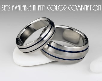 Titanium Ring Unique Wedding Band Set, Engagement, Promise or Anniversary Set with Peaked Profiles and Two Pinstripes on Either Side
