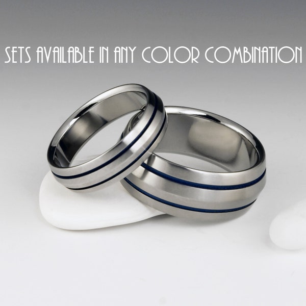Titanium Ring Set: Peaked Profile with Blue Pinstripes