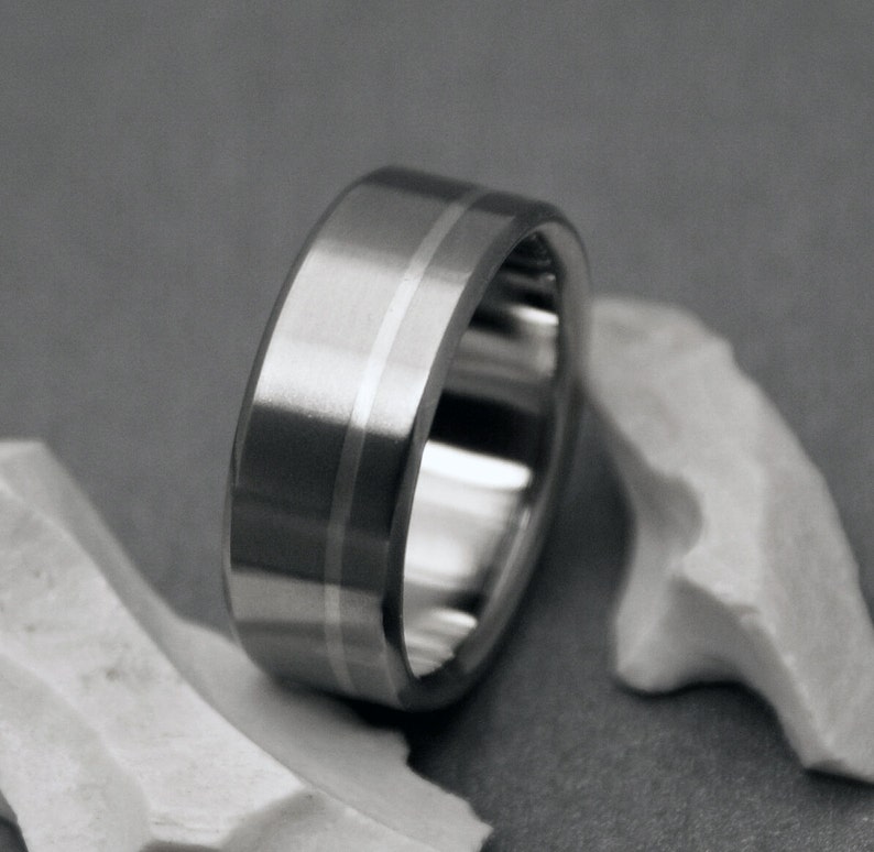 Titanium Ring with an Off Center Sterling Silver Inlay, Unisex Custom Handmade Personalized Simple Wedding Engagement Band or Unique Gift image 3