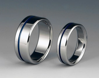 Titanium Ring Set, Wedding Rings, Promise Bands, Off Centered Blue Pinstripe