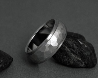 Classic Titanium Ring with a Faceted Hammered Texture and Stepped Edges in a Domed Profile, Raw Finish