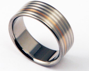 Titanium Ring with Solid Silver and 18k Rose Gold inlays in a Flat Profile "The Pizzicato", Unique Personalized Mens or Womens Wedding Band