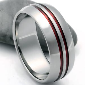 Domed Titanium Band with Double Red Inlays – Handmade Alternative Metal Ring