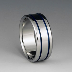 Handmade Blue Titanium Ring: Custom Wedding Band with Pinstripes