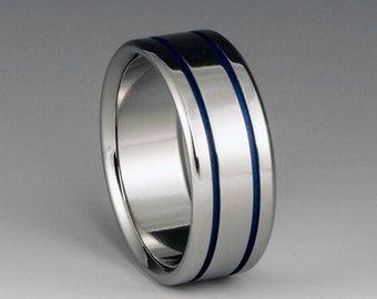 Handmade Blue Titanium Ring, Simple Custom Made Wedding Engagement or Promise Band for Men or Women, Adjustable Widths, and Personalization