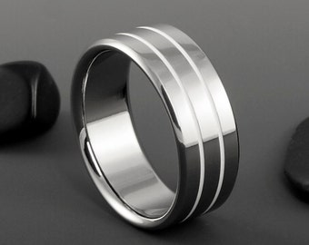 Titanium Band in a Flat Profile with Two Centered White Pinstripes