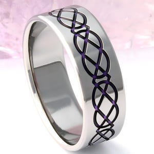 Titanium Celtic Ring with Flat Profile and Purple Knot – Custom Wedding Band