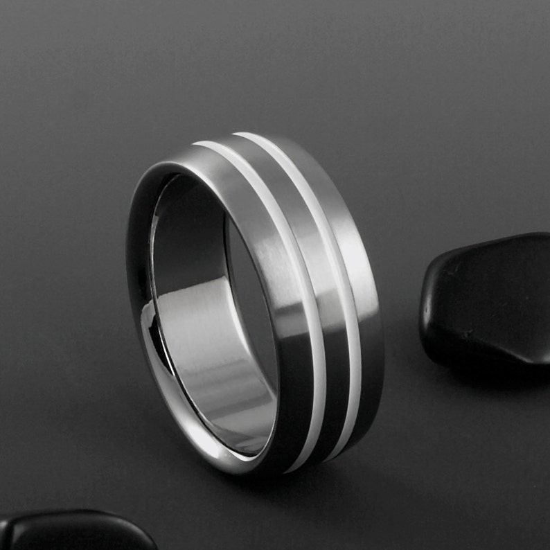 Titanium White Wedding Ring with Beveled Edges, Engagement or Promise Band for Men or Women, Personalized Unique Gift for Him or Her image 5