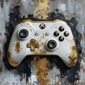 May include: White Xbox controller with gold accents, set against a textured background of gray, black, and gold paint. The controller features black buttons and a gold directional pad.