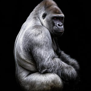 Könnte beinhalten: Ein eindrucksvolles Porträt eines Silberrücken-Gorillas vor einem tiefschwarzen Hintergrund. Das Fell des Gorillas ist eine Mischung aus Grau und Silber, mit einem dunklen Gesicht und intensiven roten Augen. Das Bild fängt den kraftvollen Körperbau und den nachdenklichen Blick des Gorillas ein.