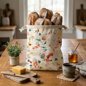 Extra stor brödpåse i bivax - blommönster. Förvaring av ekologisk bomull (43 x 33 cm).