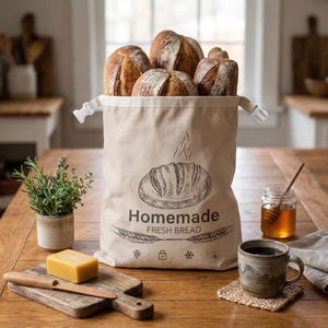 May include: A canvas bread bag filled with several loaves of freshly baked bread. The bag has a graphic of a loaf of bread with the words "Homemade Fresh Bread". A small pot of herbs, a block of butter, and a cup of coffee are on the table.