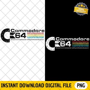 Peut inclure: Un graphique numérique présentant le logo Commodore 64 avec une texture vieillie. Le design comprend un grand C stylisé, le texte Commodore 64 et la phrase the personal computer with professional power, accompagnés de rayures arc-en-ciel horizontales.