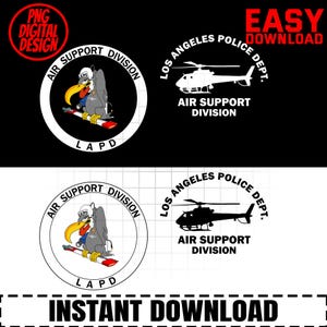 May include: Digital graphic designs featuring the Los Angeles Police Dept. Air Support Division. Includes a circular emblem with a cartoon bird wearing a helmet and a helicopter silhouette with the text Los Angeles Police Dept. Air Support Division.