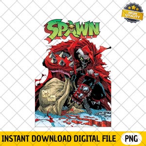 May include: A digital graphic illustration of the comic book character Spawn wearing a red cape and spiked gauntlets, holding a tan sack. The word SPAWN is written in large green letters at the top with a skull icon replacing the letter A.