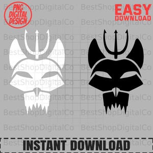 May include: A digital graphic design featuring two identical stylised skull icons, one in white and one in black, each topped with a trident symbol. The image includes the text PNG DIGITAL DESIGN and EASY DOWNLOAD, with a grid pattern overlay.