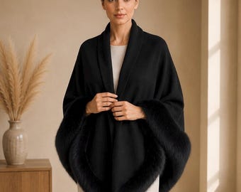 Black Plain Knit Shawl with Faux Fur Trim, Formal Wool Wrap, Wedding Guest Shawl