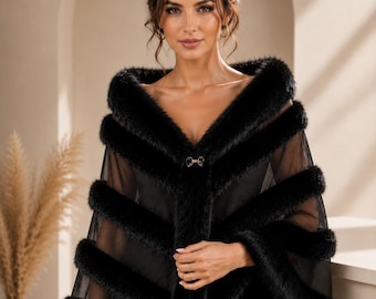 Black Faux Fur Evening Shawl, Wedding Guest Tulle Wrap, Formal Shoulder Cover Up Accessory