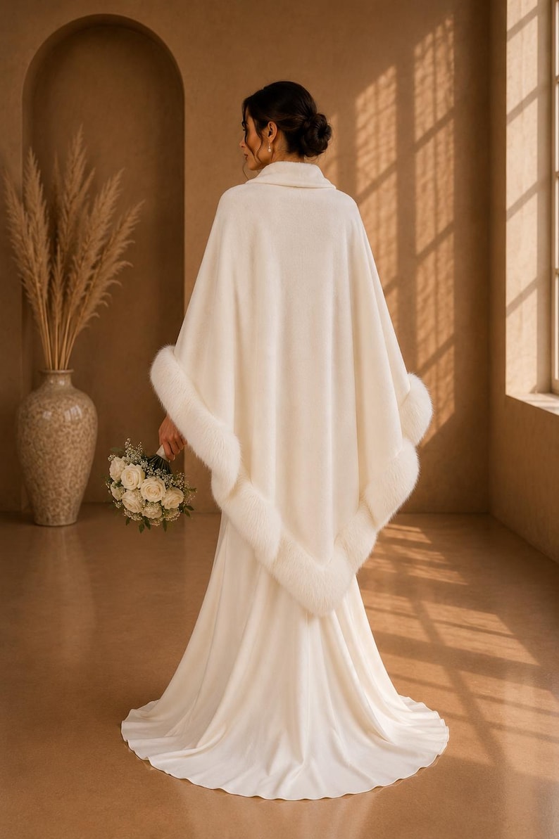 Bride wearing an ivory bridal shawl with faux fur trim viewed from the back, elegant winter wedding wrap paired with a satin wedding gown in a luxury studio.