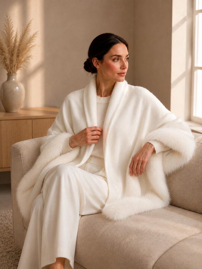 A cream-colored open-front shawl featuring a soft, fuzzy texture and a wide shawl collar. The garment is draped over the shoulders and arms, showcasing a plush, fur-like trim along the edges and a smooth, knit-like body construction.