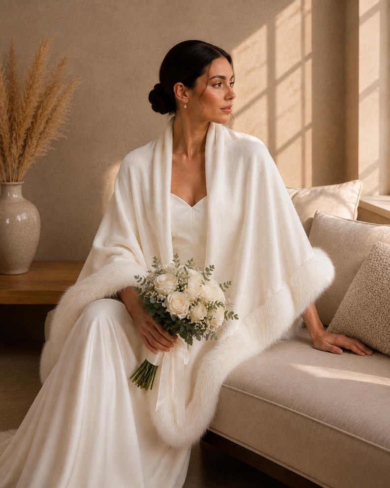 Bride sitting on a sofa wearing an ivory faux fur bridal shawl, soft wedding wrap styled with a modern bridal gown and white bouquet.