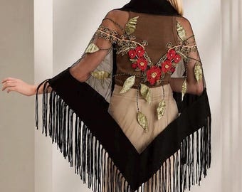Luxury Embroidered Tulle Shawl, Elegant Evening Wrap, Handmade Floral Shawl
