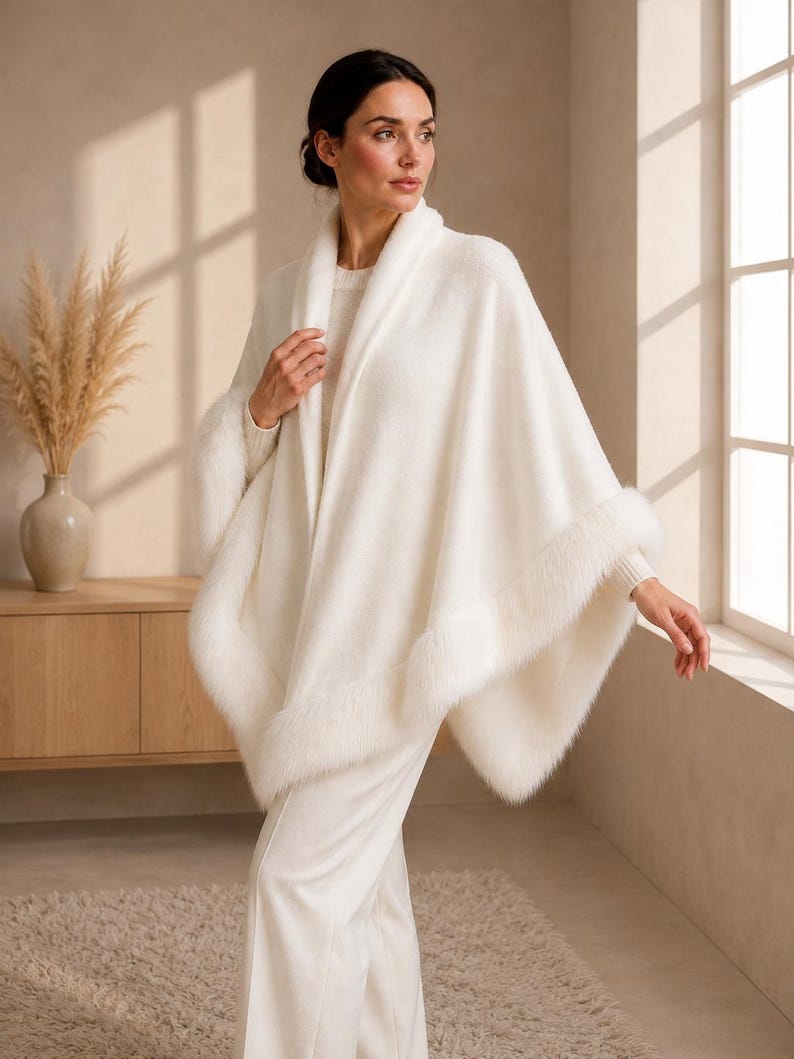 Luxury ivory shawl with faux fur trim styled over an elegant knit outfit, soft bridal inspired wrap for weddings and formal events.