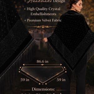 Luxury black velvet evening shawl with sparkling crystal embellishments and elegant fringe trim, handmade formal wrap displayed with size chart and premium product details.