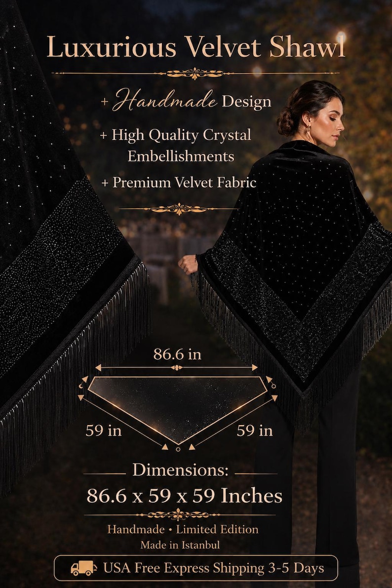 Luxury black velvet evening shawl with sparkling crystal embellishments and elegant fringe trim, handmade formal wrap displayed with size chart and premium product details.