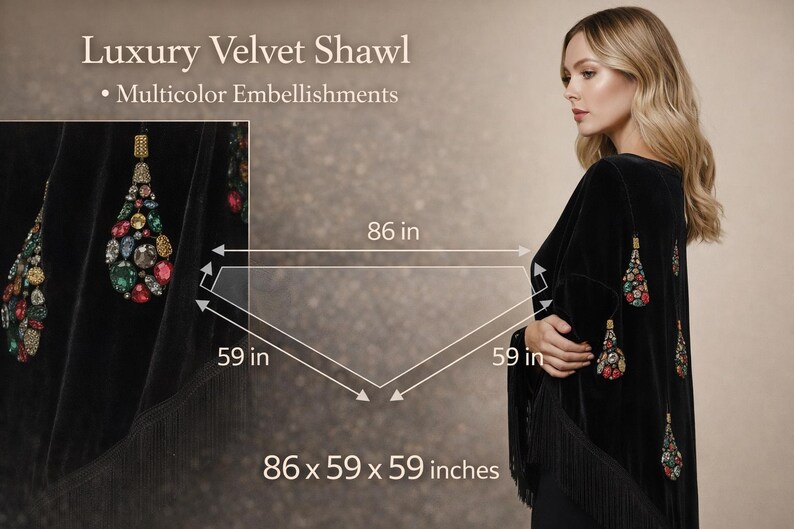 Black velvet shawl with fringe, adorned with colorful jewel-like embellishments. The shawl measures 86 x 59 x 59 inches. Text on the image reads "Luxury Velvet Shawl" and "Multicolor Embellishments."