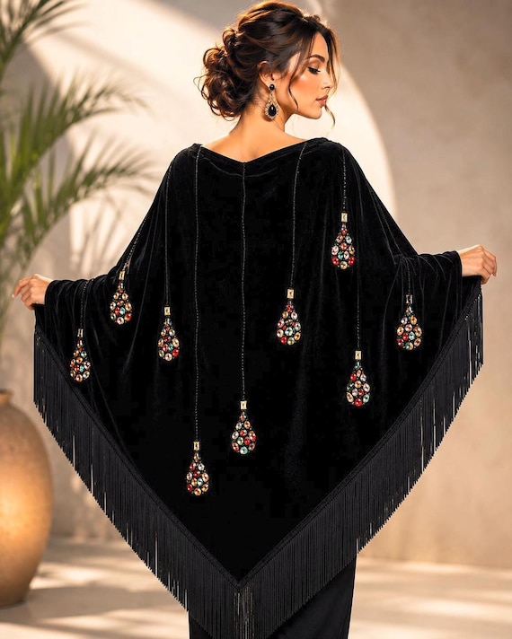 Black Velvet Shawl Multicolor Crystal Embellishments Evening Wrap Cape