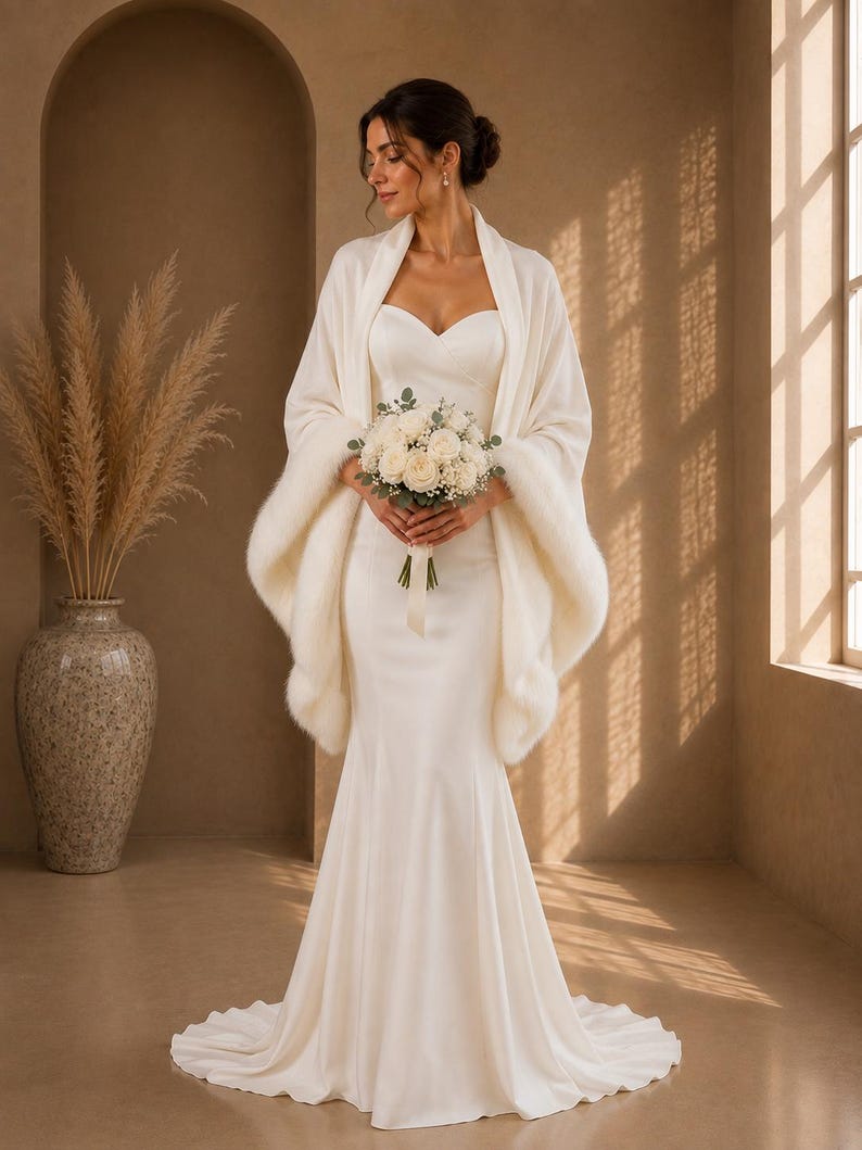 Front portrait of a bride holding white flowers while wearing an ivory bridal wrap with faux fur trim for winter weddings.
