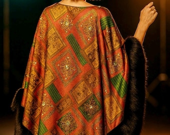 Velvet Evening Shawl with Faux Fur Trim, Glossy Statement Wrap, Formal Cape