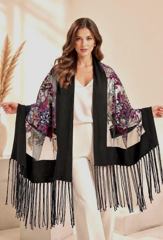 Evening Embroidered Shawl, Floral Embroidery Wrap, Wedding Bridal Guest Shawl