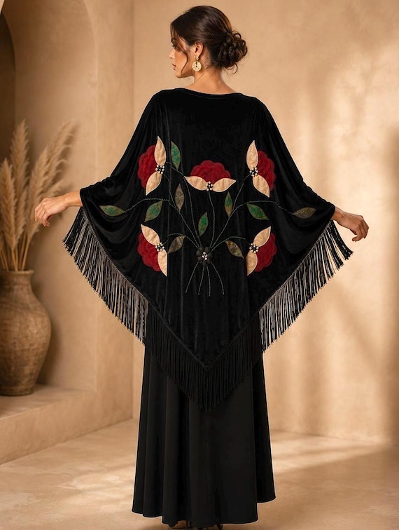 formal dresses with velvet shawl Luxury Embroidered Shawl, Evening Wrap, Wedding Floral Applique Cape winter velvet shawl suits